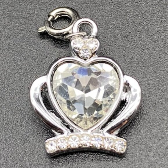 Jeweled Heart Rhinestone Crown Charm on Silver - Picture 3 of 12